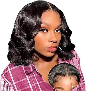 Human Hair Wig Glueless Wig Wear and Go 4x4 Pre Cut Lace Front Body Wave Wig Brazilian Straight Bob Pre Plucked Brazilian Wigs Natural Hairline Wig for Women 180% Density 12 inch (30cm)