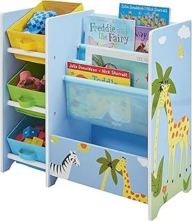 Liberty House Toys TF5007 Safari Book Display with Storage Fabric Bins, Blue, Yellow, Green for 3 years to 7 years