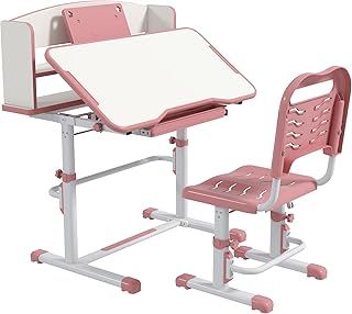 Kids Desk and Chair Set, Height Adjustable Children School Study Table with Drawer, Bookshelf, Adjustable Angle Tabletop, Non-slip Mat, for Ages 6-12 Years - Pink