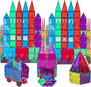 Playmags Magnet Building Tiles Set for Kids - 56 Pcs Stronger 3D Magnetic Block Set with Car - Colorful STEM Magnetic Tiles Toys - 6 Additional Clickins Included