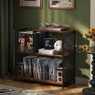 3 Tier Record Player Stand Holds Up to 300 Albums with 4 Adjustable Dividers - Vintage Turntable Stand with Vinyl Record Holder Cabinet - Patent Pending