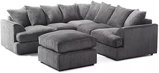 Kingsize Jumbo Cord Corner Sofa Set + Footstool, Grey (Corner + Footstool)
