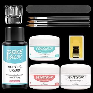 PEACECOLOR Acrylic Nail Kit for Beginners White Clear Pink Colors Acrylic Powder and Liquid Set Acrylic Nail Art Brush Nail Extension Carving, 1.0 count