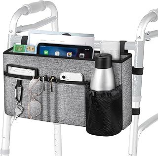 FINPAC Large Walker Tote Bag with Cup Holder, Folding Walker Attachment Hands-Free Storage Basket Mobility Aid Accessory Pouch for Elderly, Senior, Grey