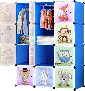 BRIAN & DANY Portable Cartoon Clothes Closet Wardrobe DIY Modular Storage Organizer, Sturdy and Safe for Children, 8 Cubes & 2 Hanging Sections, Blue, 110 x 47 x 147 cm
