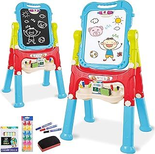 Kids Folding Double-Sided Magnetic Easel - 360° Rotating & Removable Drawing Board with Blackboard & Whiteboard - Magnets, Chalks, Markers, Stand - Art, Painting, & Writing (Blue)