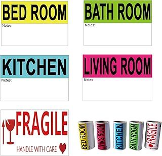 300 Count 3 x 2 Inch Home Moving Labels for 1 Bedroom House Apartment, 5 Large Color Coded Label Sticker Rolls with Fragile Label for Moving Wardrobe Boxes Moving Packing Supplies