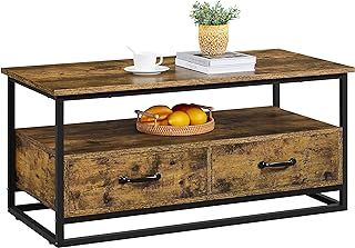 Yaheetech Coffee Table with Storage Drawers, Industrial Side Tea Table for Living Room Home Furniture, Metal Frame, 100x 48 x46 cm