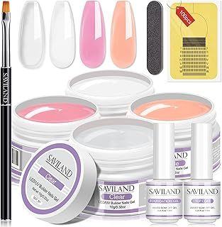 Saviland Builder Gels Nail Kit - 4 Basic Colors Nail Extension Gel Kit Clear White Nudes Pink Nail Strengthen Gel with Nail Brush 100Pcs Nail Forms for Nails Art Supplies