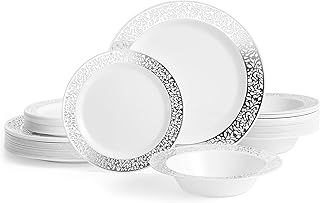 MATANA 75 Pcs White Plastic Tableware Set with Silver Lace Border - 25 Dinner Plates, 25 Side Plates, 25 Bowls - Elegant & Reusable Dinnerware for Parties, Wedding, Birthday, Picnic