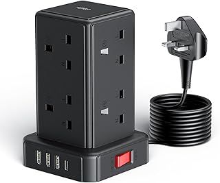 Kemelo Tower Extension Lead with 8 Way Multi Plug & 4 USB Ports (13A 3250W), Mini Power Strip with Switch, 2M Extension Cable Surge Protection for Home, Kitchen, Office