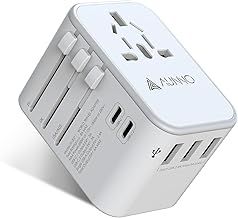 AUNNO Universal Travel Adapter, 20W Plug Adapter with 3 USB-A and 2 USB-C Ports, All in One Travel Adapter with Double Safety Fuse for Europe, UK, US, Australia etc