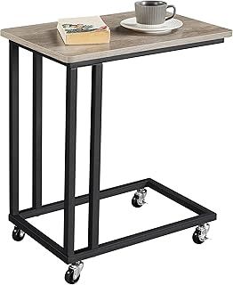 Yaheetech Side Table with Wheels and Footpads, Rolling Slim C Shaped End Table, Mobile Bedside Table for Small Space/Living Room/Bedroom, Gray and Wood Top, Slides Up to Sofa/Chair/Recliner
