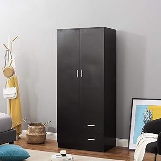 Wooden 2 Door 2 Drawer Wardrobe with Shelf and Hanging Rail Modern Clothes Storage Cupboards Unit for Bedroom Furniture W 77 * D 50 * H 180cm (Black)