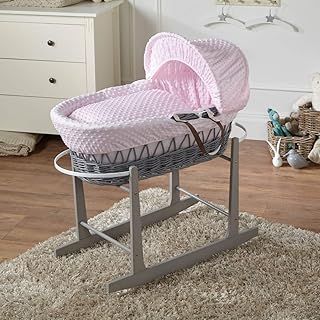 For Your Little One FYLO Pink Dimple Grey Wicker Moses Basket with Grey Rocking Stand