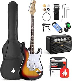 Donner 39 Inch Electric Guitar Beginner Kit Sunburst Full-Size Starter Package HSS Pick Up with All Accessories Amp Online Lesson Bag Tuner Capo Strap String Amp Cable Picks DST-100S
