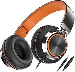Ailihen C8 Headphones Wired with Microphone Foldable and Adjustable On-Ear Headsets Volume Control HD Stereo Sound 3.5mm Jack for Chromebook, Laptop, Smartphone, Study, Office, Travel (Black/Orange)