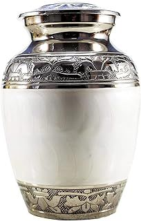 Hind Handicrafts Silver Engraved Cremation Urn for Adults, Handmade Wooden Urn in Pearl White, Solid Pattern, 7"L x 7"W x 10.5"H, 220 cubic inches