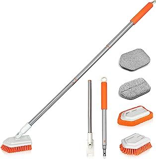 JEHONN 4-in-1 Bathroom Tile Tub Scrubber with Long Handle, Upgraded Shower Cleaning Brush, 4 Different Function Scrub Brush Attachments Head for Bath, Bathtub, Floor, Wall, Baseboard