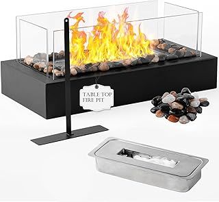 Table Top Fire Pit - Stylish Bioethanol Fireplace With 4 Art Windproof Glass Panels For Indoor & Outdoor Use - Table Top Fire Bowl For Patios, Balconies, Camping, And Indoor Gatherings - Eco-Friendly