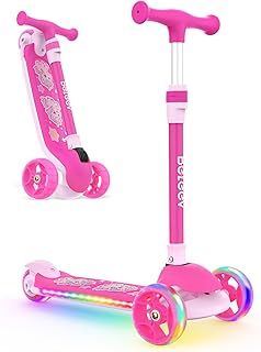 BELEEV Scooter for Kids with Light-Up Wheels & Deck, 3 Wheel Folding Scooter for Toddlers Girls Boys, 4 Adjustable Height, Non-Slip Pattern Deck, Lightweight Kick Scooter for Children Ages 3-12