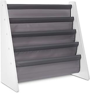 LIVIVO Childrens Colourful Sling Storage Bookshelf – Easy Access Wooden Book Storage with Soft Nylon Fabric Shelves to Protect your Kids Books – Perfect Height for your little reader (Grey)