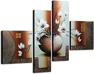 Wieco Art - Large Size Decorative Elegant Flowers 4 Panels 100% Hand Painted Modern Contemporary Artwork Floral Oil Paintings on Canvas Wall Art for Home Decorations Wall Decor L