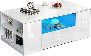 Blisswood Led Coffee Table with 2 Drawer Storage, High Gloss Coffee Table for Living Room Wooden Centre Table with RGB Led Lights Rectangle Tea Table for Living Room Furniture, White
