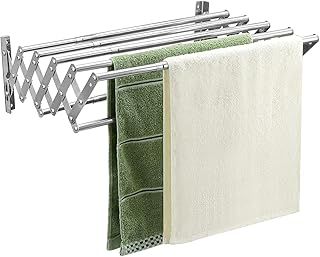 QWORK Foldable Clothes Airer, Extendable Drying Rack, Wall Mounted Clothes Rail for Indoor and Outdoor Use