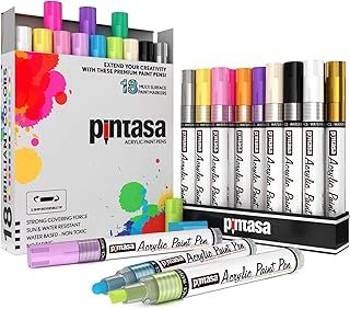 PINTASA Acrylic Paint Pens - 18 Rock Paint Markers - Quick Dry Acrylic Paints Set, Canvas, Ceramic, Porcelain, Wood, Mug, Fabric, Kids DIY Crafts | Glass Colouring Kit Painting Set and Water Based Ink