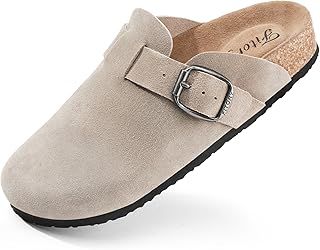 FITORY Womens Clogs Slip-on Potato Shoes Leather Mules with Suede Cork Footbed Size 4-9 UK
