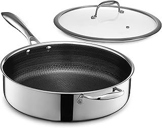 HexClad Hybrid Nonstick 5.5-Litre Deep Sauté Pan with Tempered Glass Lid, Stay-Cool Handle, Dishwasher-Friendly, Oven-Safe Up to 480°C, Induction Ready, Compatible with All Cooktops