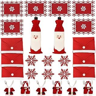 26Pcs Christmas Dinner Table Decoration Set Santa Claus Silverware Cutlery Holder Snowflake Table Mat Cup Mat Wine Bottle Cover Bag Chair Back Covers for Xmas Home Party Decoration