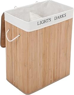 SONGMICS Laundry Basket, 100L, Laundry Hamper with Lid, Bamboo, Foldable, Laundry Bin with 2 Compartments for Light and Dark Clothes, Machine Washable Liner Bag, Natural LCB64Y