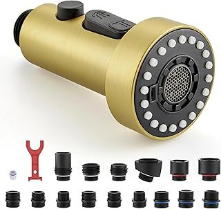 J-HVA Pull Down Kitchen Faucet Sprayer Head Replacement Part, 3 Function Pull Out Sink Sprayer Replacement Nozzle with 15 Adapters, Kitchen Faucet Head Hose Spray Tap Spout, Brushed Gold