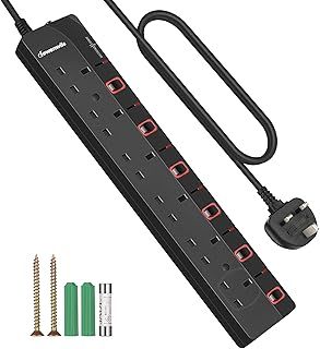 DEWENWILS 6 Way Surge Protected Extension Lead with Individual Switches and Indicator Lights, Extension Cable 3M, 13Amp 6Gang Power Strip Lead, Black