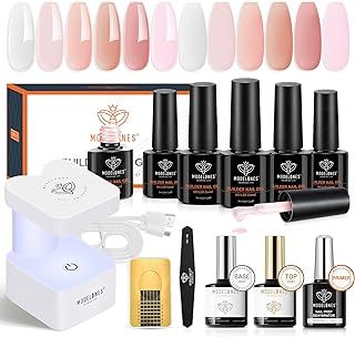 MODELONES 8-in-1 Nail Builder Gel Kit, 6 Colors Clear Pink Builder Gel with Mini Nail Lamp& Nail Forms Set, Hard Gel Builder for Nails Extension Strengthener Base Gel in a Bottle Nail Art Manicure
