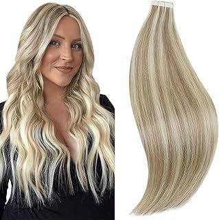 RUNATURE Tape in Human Hair Extensions Blonde Highlight Ash Brown Tape in Hair Extensions Blonde Tape Hair Extensions Real Human Hair Straight 12 Inch 30g
