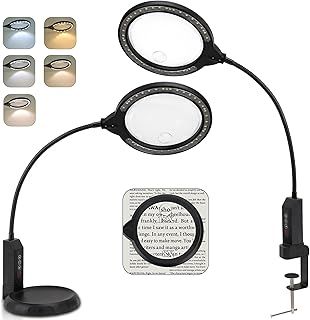Magnifying Glass with Light and Stand, 15X & 8X Magnifying Lamp with Clamp, 5 Color Lighting Modes Stepless Dimmable LED Desk Lamp Hands Free for Crafts Hobby Reading Painting Sewing Close Work
