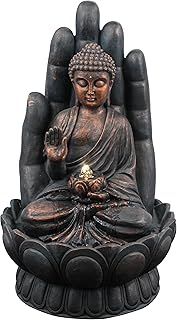 GEEZY Garden Water Feature LED Fountain Indoor/Outdoor Cascading Freestanding Polyresin Garden Statue Lights & Water Decoration (Palm Buddha Fountain)