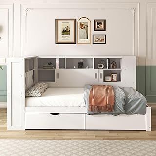 Platform Bed with Trundle & Bookcase & USB, 3ft Single Bed, Multifunctional Household Bed with 2 Storage Drawers, Dust-Proof Cabinet and Shelves, Large Storage Space, 190 x 90 cm, White