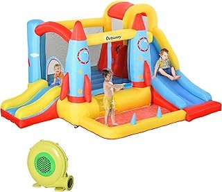 Outsunny Bouncy Castle Inflatable Bouncy Castles for Children Bounce House 3 in 1 w/Trampoline Slide Water Pool with Blower for Kids Age 3-8 Rocket Design 3.3 x 2.65 x 1.85m