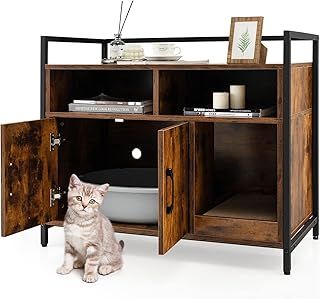 GYMAX Hidden Cat Litter Box Enclosure, Wooden Kitty Washroom Storage Cabinet Nightstand Side Table with Scratching Board and Shelves, Cat House Pet Crate for Kitten & Large Cat (Coffee)