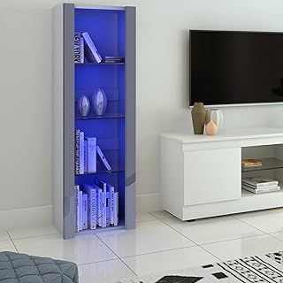Panana High Gloss Tall Display Cabinet Wood Cupboard Sideboard Free Standing Storage Unit with Glass Shelves RGB LED Lights Living Room White (Grey)