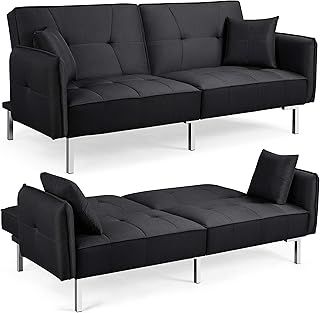 Yaheetech 3 Seater Sofa Bed with Adjustable Backrest, Click Clack Sofa with Metal Legs, Modern Recliner Couch for Living Room, Bedroom, Polyester Fabric, Angle Adjustment, Black