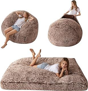 MAXYOYO Giant Bean Bag Bed - Convertible Folds from Bean Bag Chair to Bed - Large Sofa with Plush Cover and Fluffy Filling Included for Adult, Couples, Guest (Brown, Double)