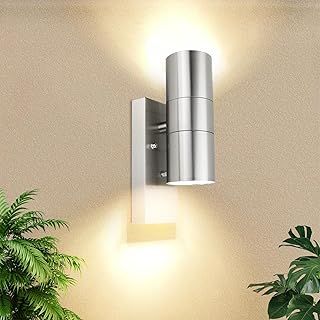Allesgute Outdoor Wall Light Dusk Till Dawn Sensor Up and Down Outside Lights Mains Powered 240V IP44 Stainless Steel Outdoor Wall Lamp for Porch, Incl. 2X 5W GU10 Bulbs Warm White
