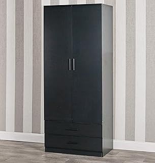 URBNLIVING Tall Wooden 2 Door Wardrobe With 2 Drawers Bedroom Storage Hanging Bar Clothes (Black, Contemporary)