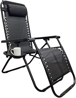Zero Gravity Chair Heavy Duty Textoline Outdoor & Garden Sunloungers Reclining, Folding Chair, Relaxer Chairs with Cup Holder and Headrest Pillow (1, BLACK)