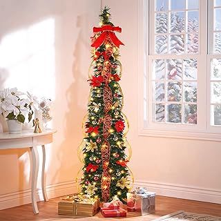 6FT Pop Up Pencil Christmas Tree with Lights, Pre-Lit Christmas Tree with 100 Warm White & Multi-Color Lights, 11 Light Modes, Xmas Tree with Xmas Balls, Bows and Flowers, Easy Assembly